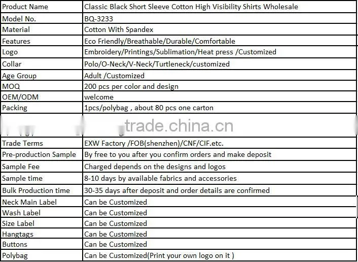 Classic Black Short Sleeve Cotton High Visibility Shirts Wholesale