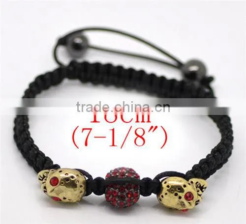 Pave Red Rhinestone Beads & Gold Tone Halloween Skull Beads & Black Braiding Adjustable Bracelets 18cm-25cm