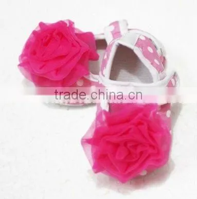 Baby Pink White Polka Dots Crib Shoes with Hot Pink Rosettes