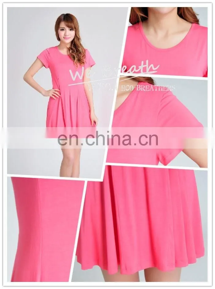 Summer Dress Bamboo Fiber Rayon Pleated O Neck Short Sleeves