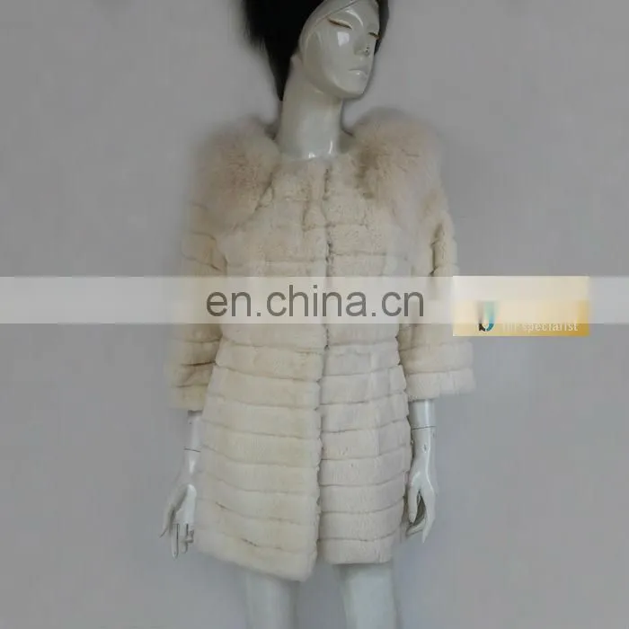 Genuine beige long rabbit fur coat with fox fur collar winter garment