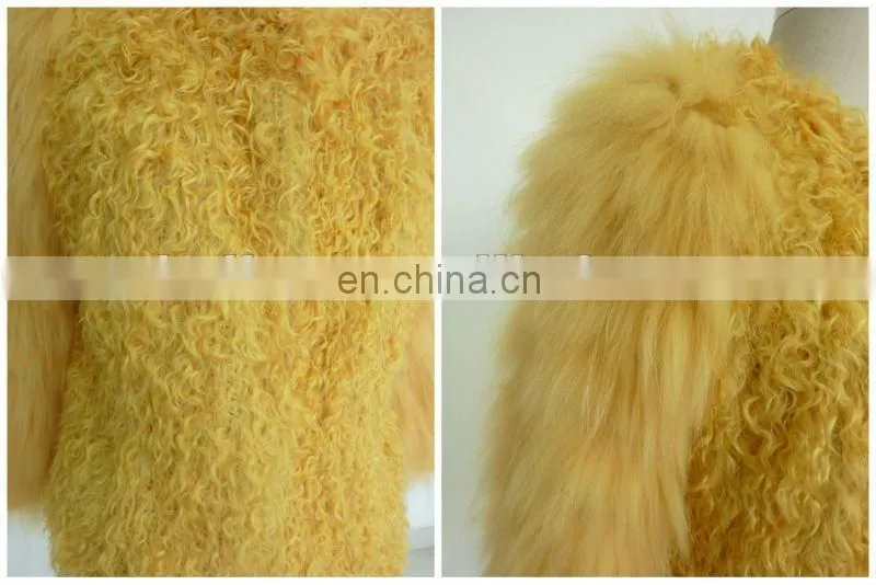 Ladies round neck seven sleeve yellow fur coat with invisible button