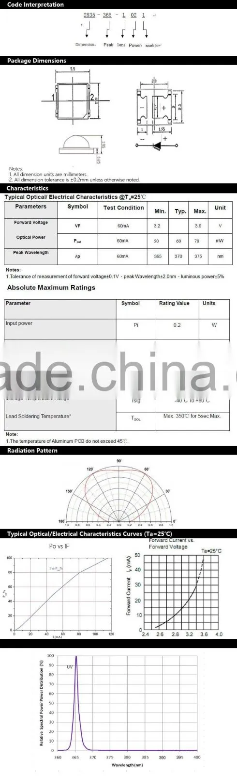 2015 Wholesale SMD 2835 UV LED chip 360nm-370nm wavelength from 0.06W-3W Factory Price