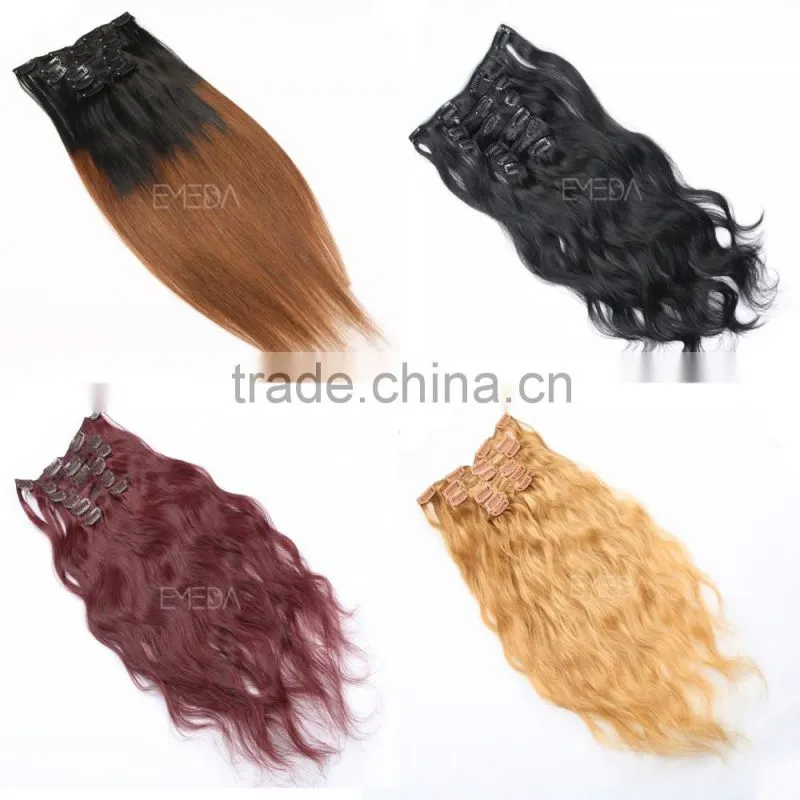 Natural black wavy Brazilian human hair extensions clip ins 7 pieces