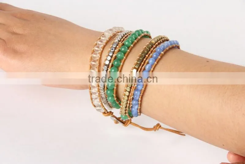 Leather Cord Glass Beads 5 Loops Bracelets, with Acrylic Beads and Stainless Steel Clasps
