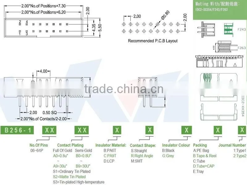 Dongguan factory 2.0mm pitch dual row superior quality straight box header