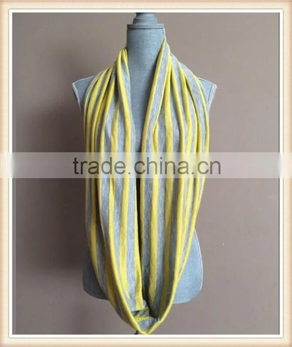 Infinity Scarf with Hidden Pocket - Reversible Heather Grey and Yellow Stripes