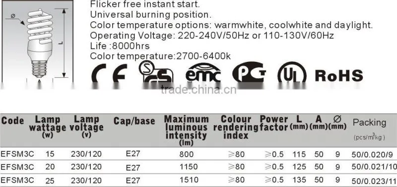 220V-240V E27 30W 2700-6500K 6000-10000hrs High quality energy saving lamp