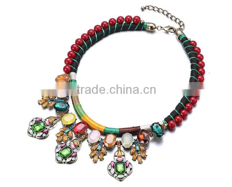 Handmade necklace rope chain colorful crystal pendantethnic necklace 2015 luxury crystal inlaid bijoux femme NL13562