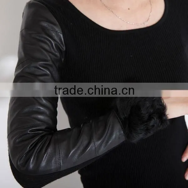 girls sweater black new design fashion with pu sleeve