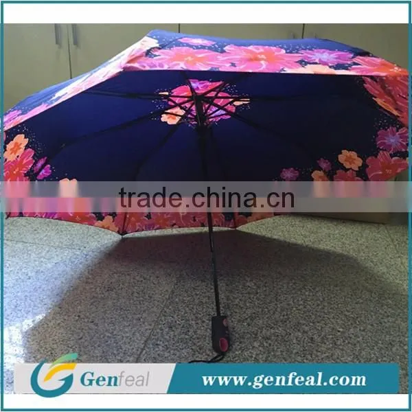 beautiful heat transfer printing auto open 3 folding umbrellas with custom brand logo label