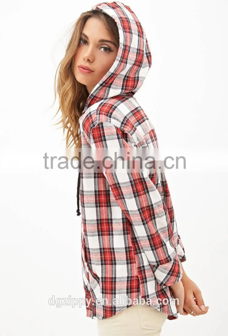 Women wholesale long sleeves plaid flannel hoodies custom hoodies