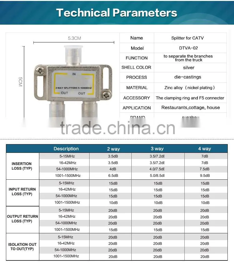 Trunk line 5-1000MHz Indoor tv splitter 3 way 3.5mm splitter