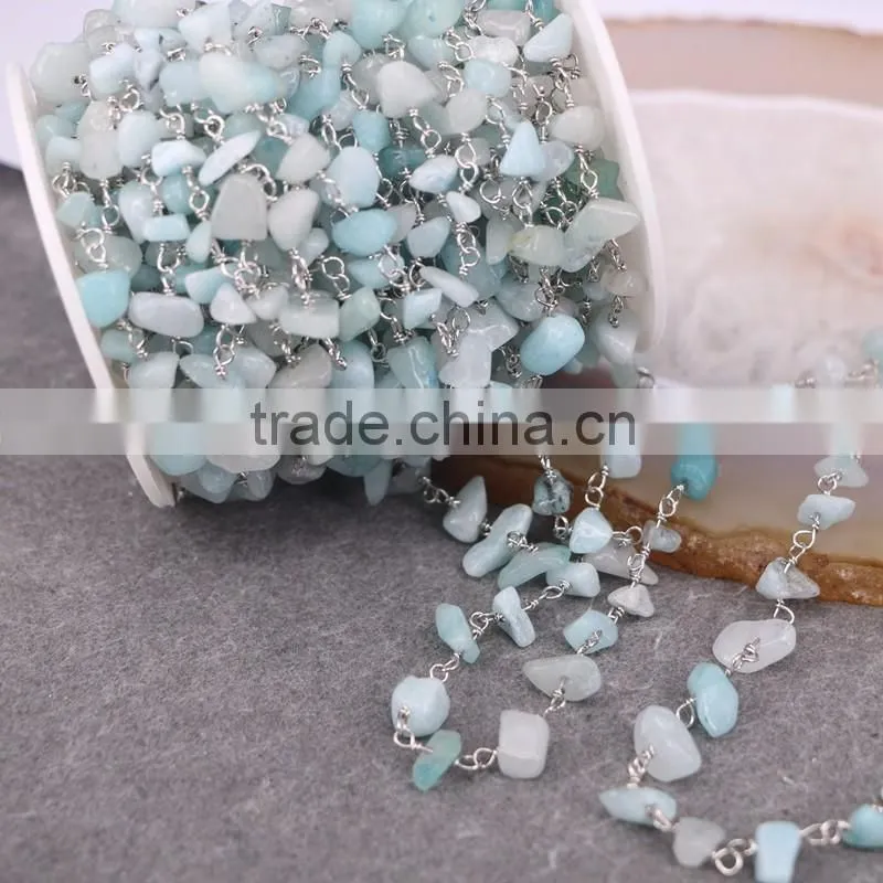 Blue Aquamarine Chip Beads Link Rosary Chains, Brass Silver Plated Wire Wrapped Chain