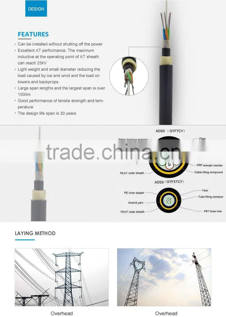 24 core single mode ADSS outdoor fiber optical cable for canyon construction