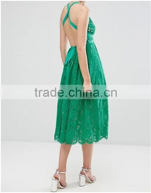 Lace clothing OEM Square neck Box-pleat skirt prom dress fashion design Midi Prom Dress