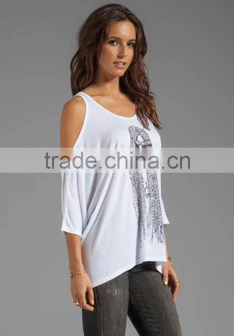 printed open shoulder t shirt