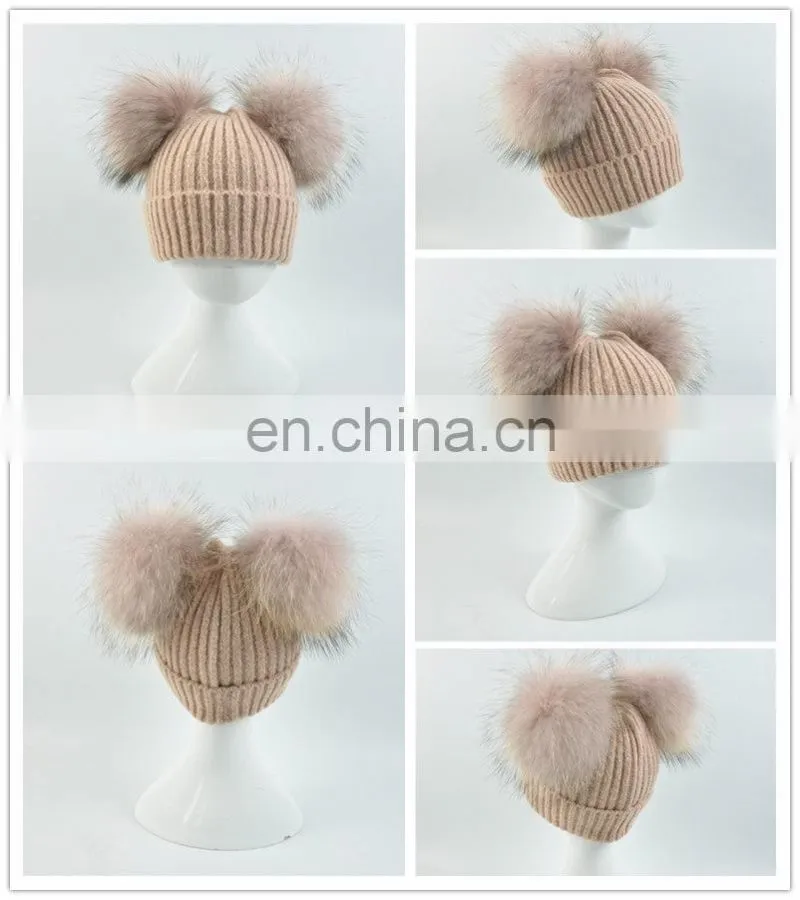 Kids Removable Fur Bobble Hat Winter Double Pom Pom Hat Crochet Kids Hat