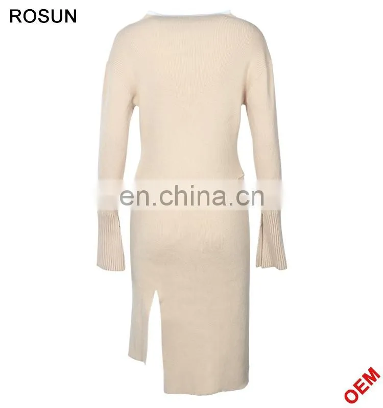 Ladies Cream Bottom Sleeves Cuffs Split Ruffle Dress Sweater