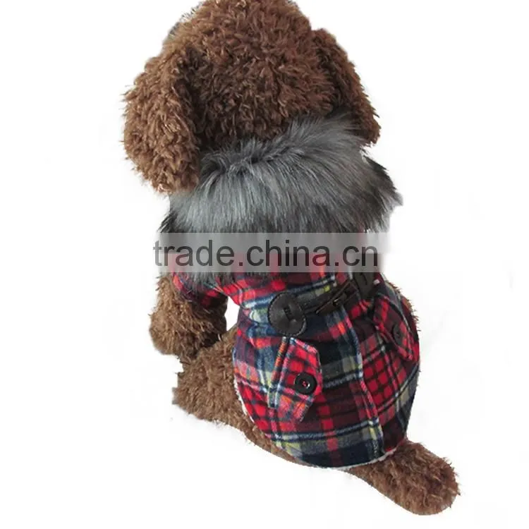 Luxury Fur Collar Horn Buttons Red and Blue Lattice Plaid Dog Coat with Extra Heavy Soft Wool Material fit for Autumn and Winter