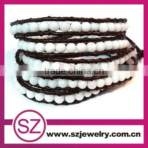 2013 fashion jewelry 5 wrap gemstone bead leather bracelet
