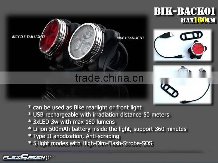 160lumen USB rechargeable red 3w Led Bicycle safety light