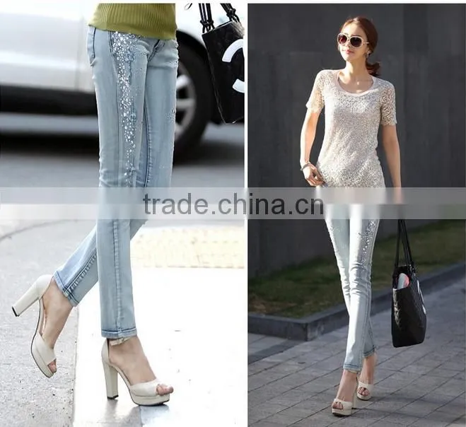 jeans femme 2016 Autumn fashion women jeans Rhinestone Slim Ripped Feet pencil skinny jeans women trousers
