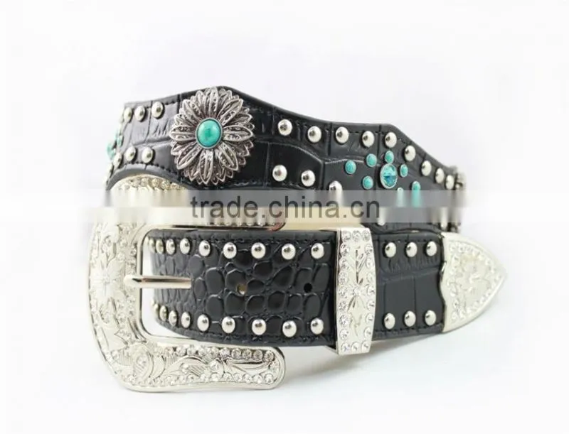 2016 Best Seller Scallop Western Rhinestone Leather Belt With Turquoise Concho