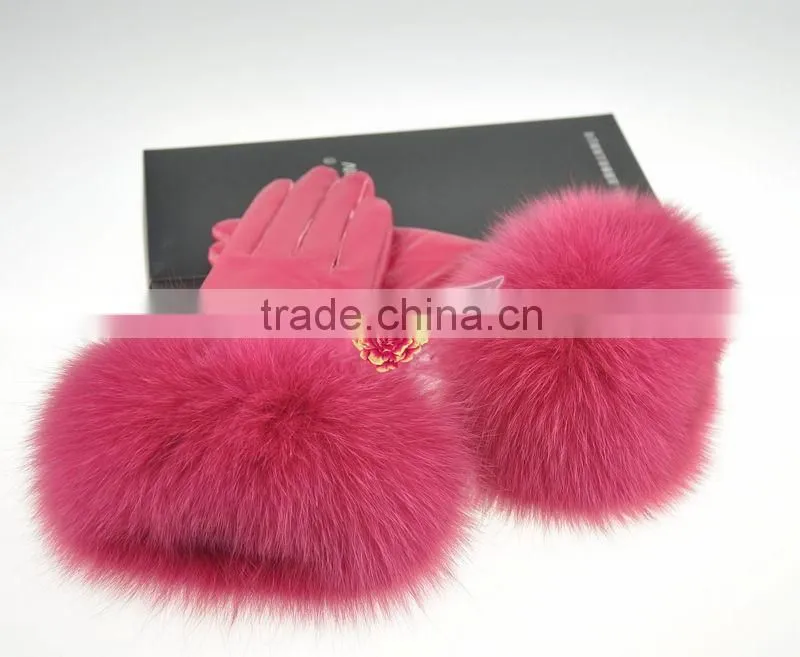 Awesome Design Custom Made Suede Leather Gloves With Best Fox Hair Fur Cuffs