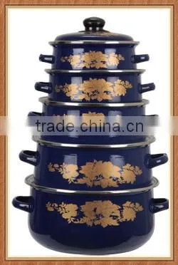 Gold Flower Print Navy Blue Decal Double Handle Enamel Cookware Set Kitchenware Enamel Pot 5 Pcs Stock Belly Pot With Lid
