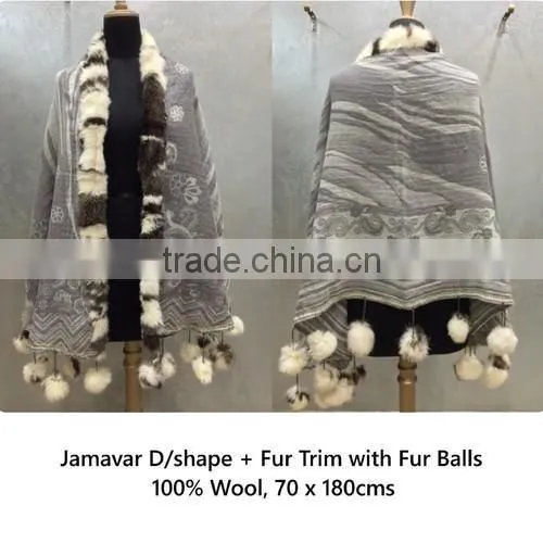 Jamawar ShawlsJamavar D/Shape Fur Trim with Fur balls 03