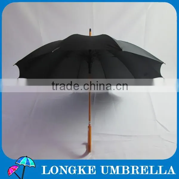 High quality Fiberglass ribs plain black color pongee fabric wooden umbrella for advertising