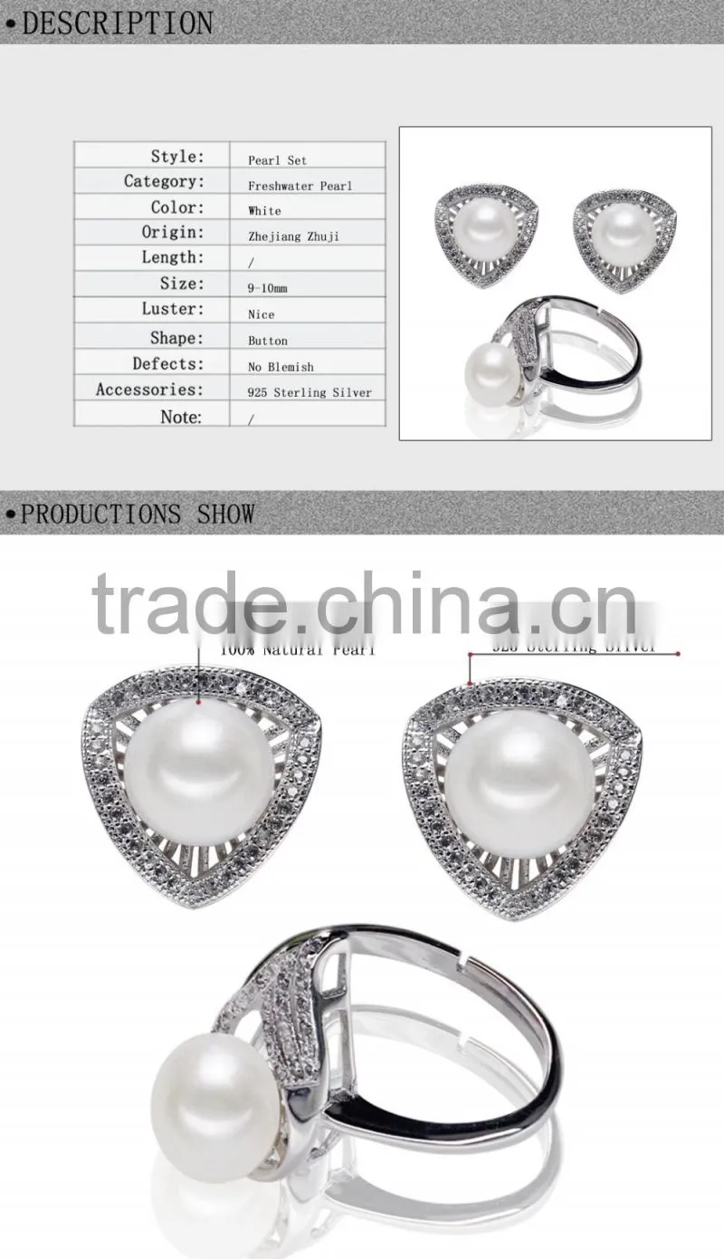 fashionable sterling silver button zircon natural freshwater pearl earring and ring set