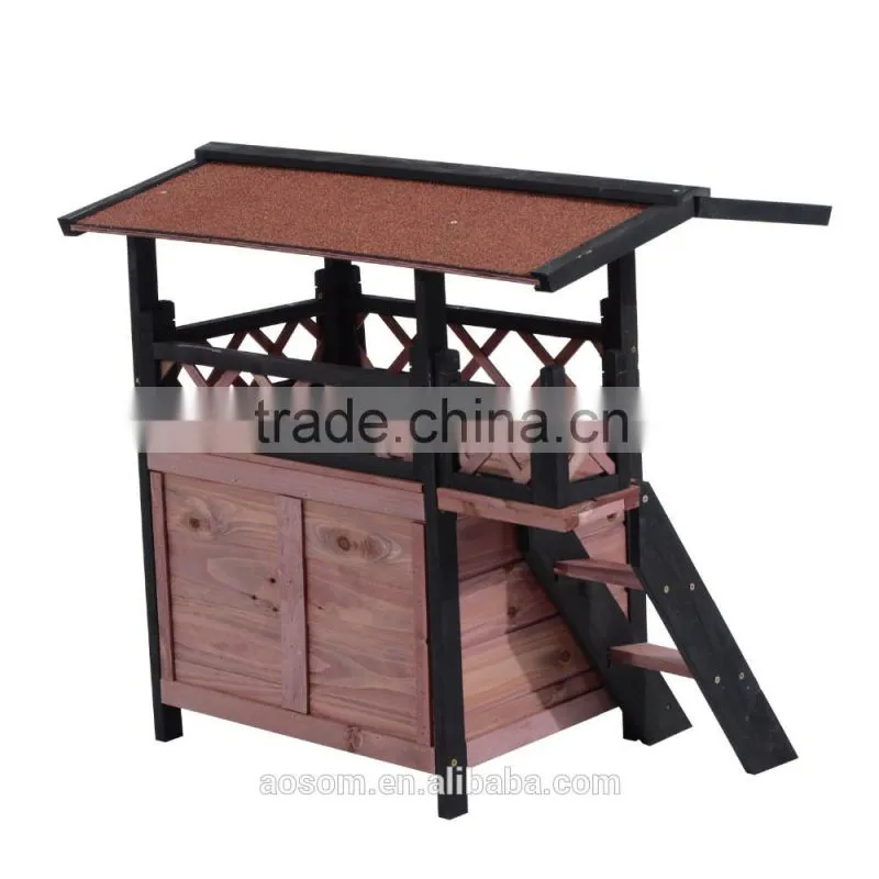 PawHut 2-Story Wood Indoor/Outdoor Cat House -Brown