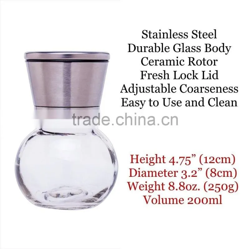 manual glass spice bottle grinder/pepper and salt mill 6 Oz Glass Body and 5 Grade Adjustable Ceramic Rotor