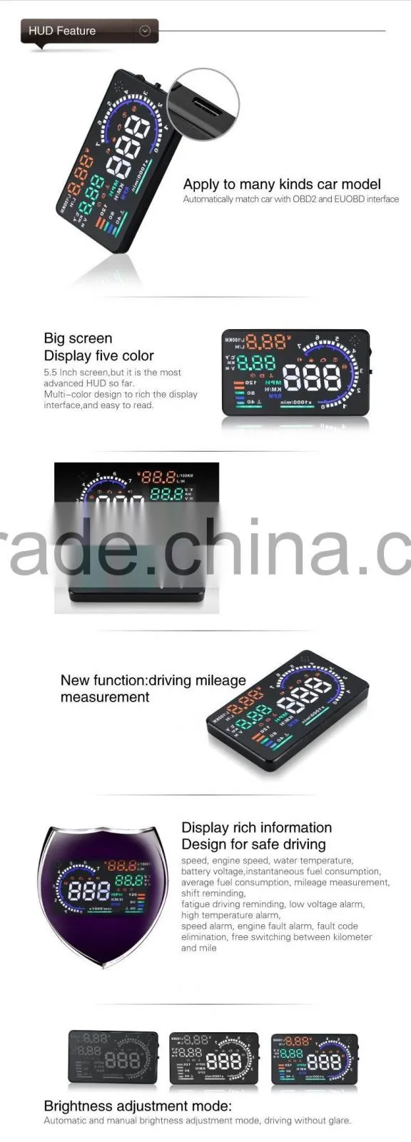 Hot-selling New Colorful Big 5.5 Display Screen Car HUD Head Up Display OBD2 Feul Comsuption/Speed/Tire Pressure Alarm Car HUD