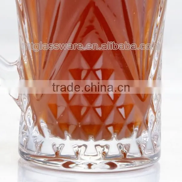 Clear fancy shape machine made beer glass mug with handle