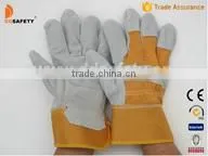 Cow Split Leather Safety Glove With Patch Palm Yellow Cotton Drill Back