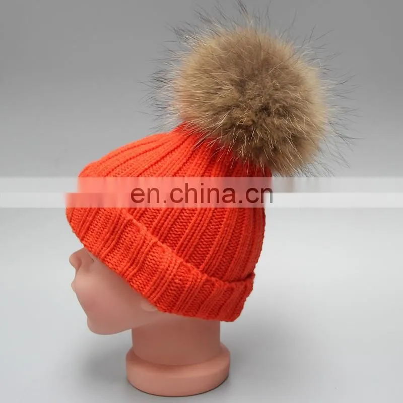 Top grade red child pompom hats for kids with 15cm large raccoon fur ball
