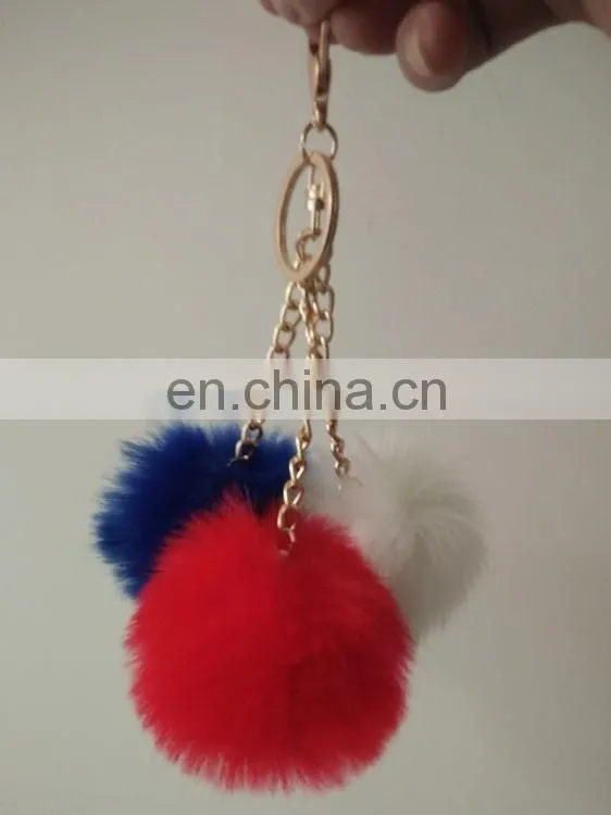 wholesale three colored fake fur union jack pom keychain bag charm with gold chain
