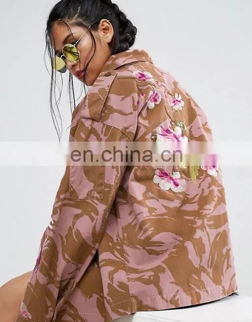 Fashion latest design embroidery long sleeve midweight woven button-flap women 100%cotton camouflage camo print jacket
