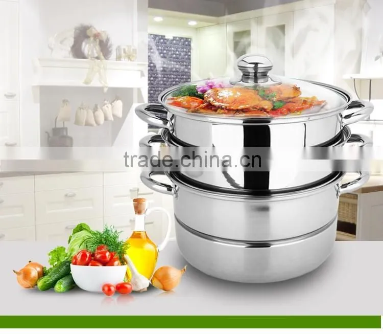 stainless steel capsule bottom 3layers high steamer pot with glass lid/ kitchen cookware