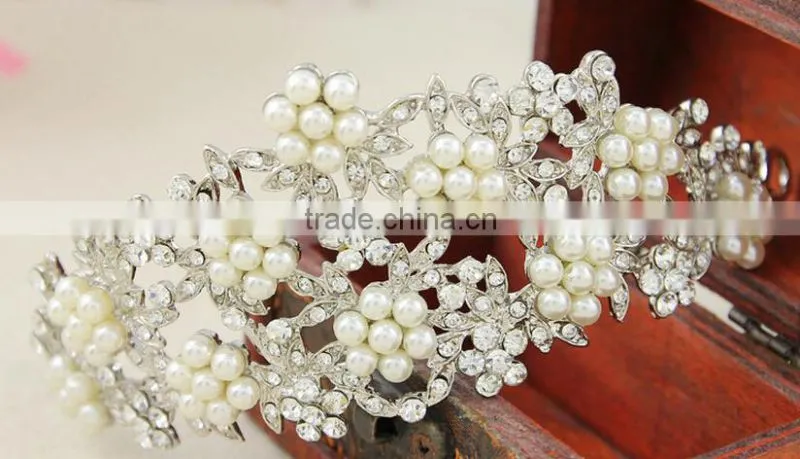 2015 Direct Manufacturer Elegant pearl alloy wedding crown for bride