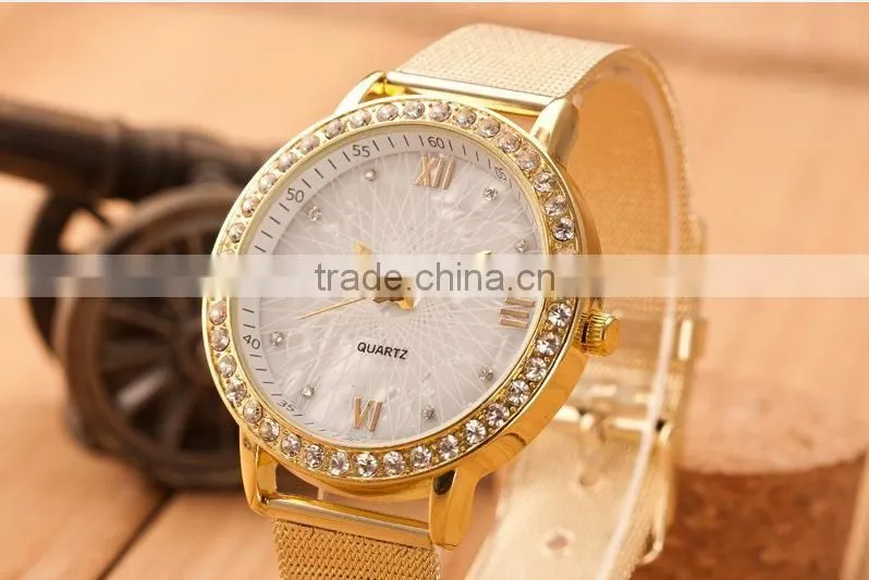 Net Belt New Design Woman's Quartz Watch Fashion Gold Rhinestone Woman Watches Stainless Steel High Quality Women's Watch SB1206