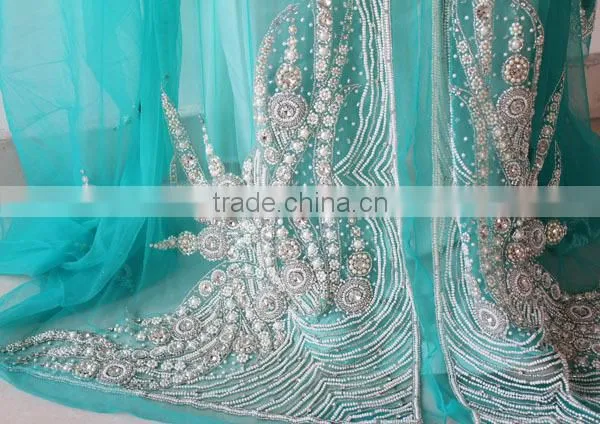navy blue beaded stretch lace fabric designer lehengas sarees (KFT-003)