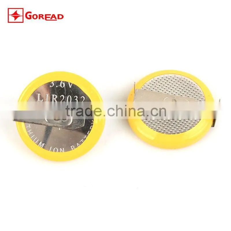 3.6V 40maH LIR2032 Li-ion button battery rechargeable cell