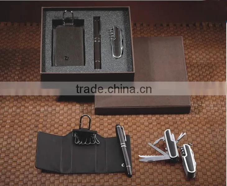 Promotion gift item 3 in 1 business gift set with pen,keychain bag, knife