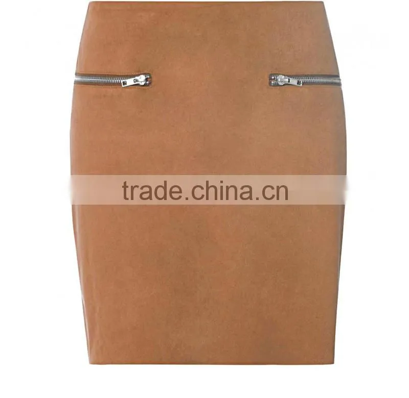 New Collection Pretty Tan Suedette Women Skirt with Zippers