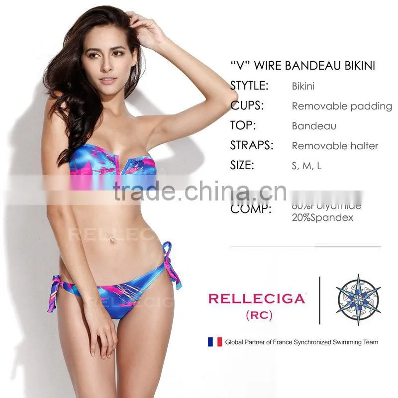 New Scribble Foil Pattern V Wire Bandeau Shiny Metallic Bikini Swimwear in Elastic Bikini Fabric by RELLECIGA