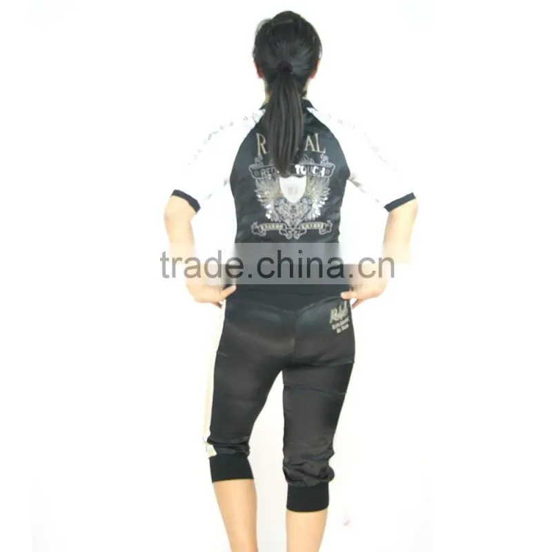 Women short sport jogging suit poplin shiny emb. & print full zipper hooded